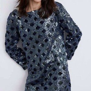 ZARA Dress Mini Sequin NAVY BLUE LONG SLEEVE Sz M